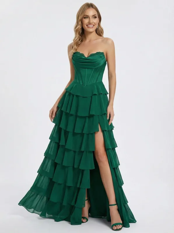 ChicSew Modern Chiffon Ruffles Strapless A-line Corset Prom Dresses with Slit sold by ChicSew