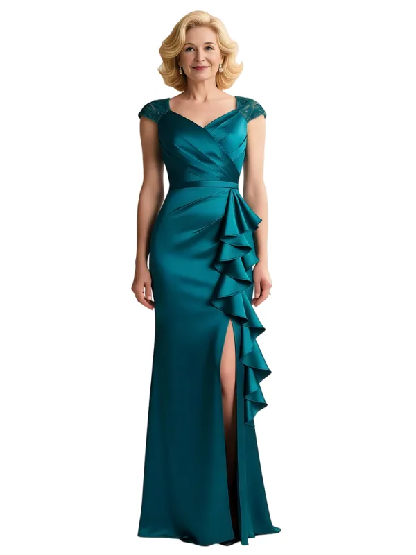 Classy Satin Lace Cap Sleeves Side Slit Evening Gown For Mother Of The Bride With Ruffle sold by ChicSew