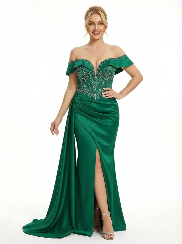 ChicSew Elegant Beaded Off the Shoulder Satin Corset Evening Gown with Waist Drape sold by ChicSew