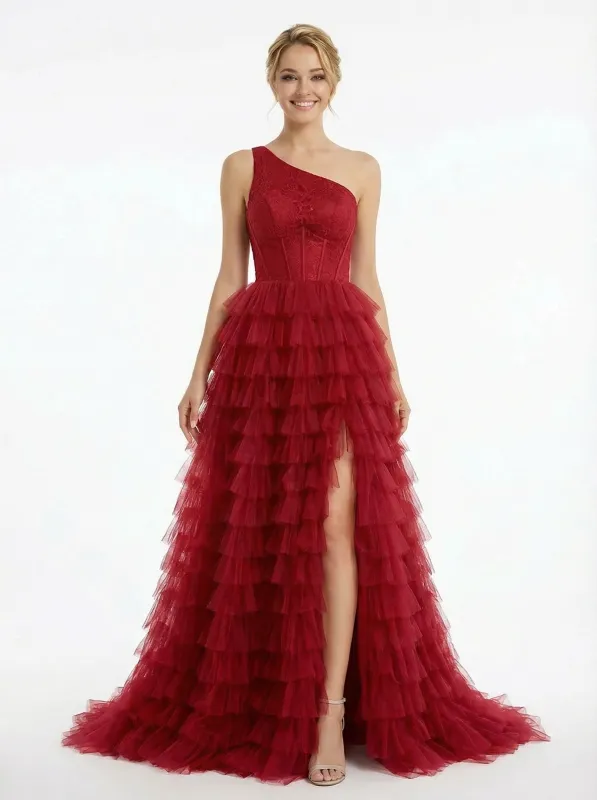 Modern One Shoulder Prom Dress Tiered Ruffle Tulle A-Line Floor Length Evening Gown sold by ChicSew