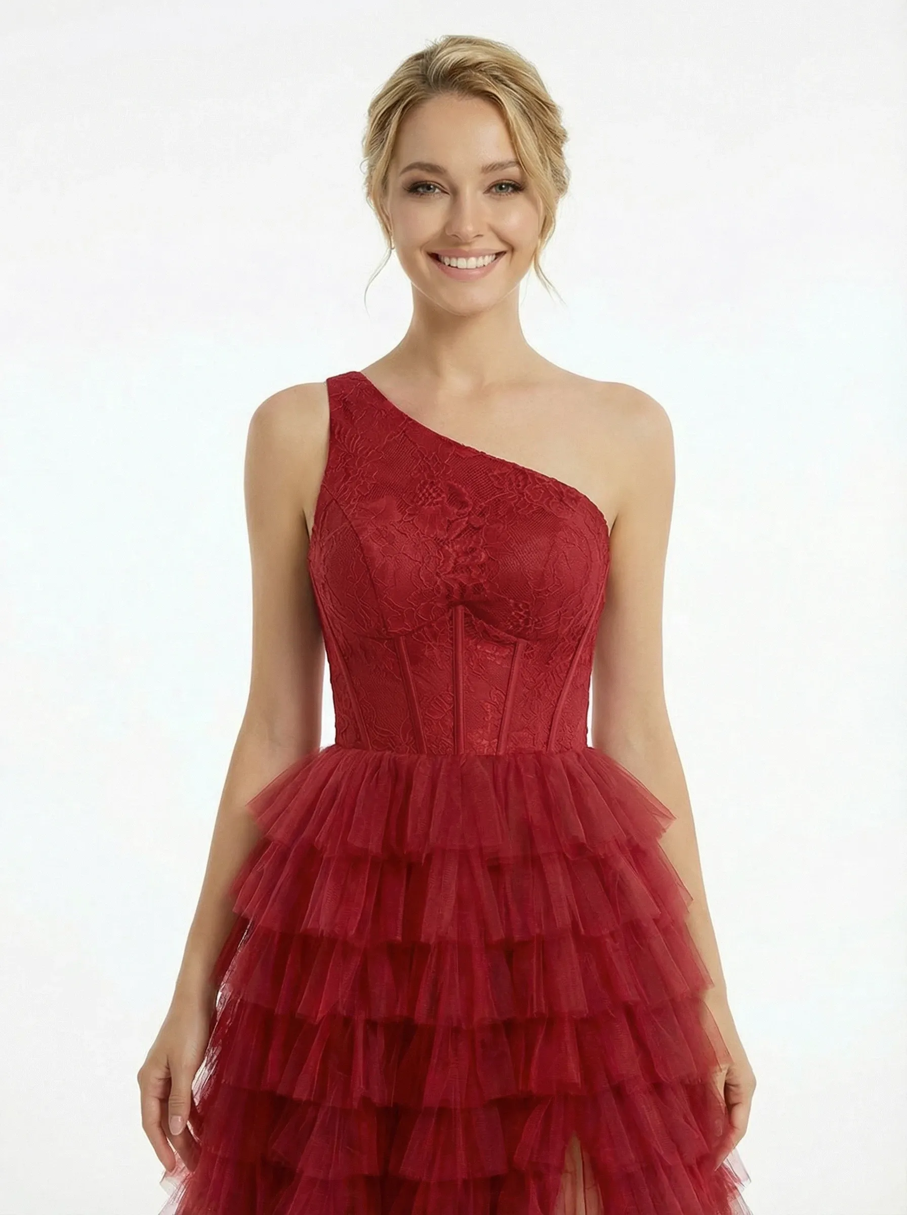 Modern One Shoulder Prom Dress Tiered Ruffle Tulle A-Line Floor Length Evening Gown sold by ChicSew product image thumbnail 2