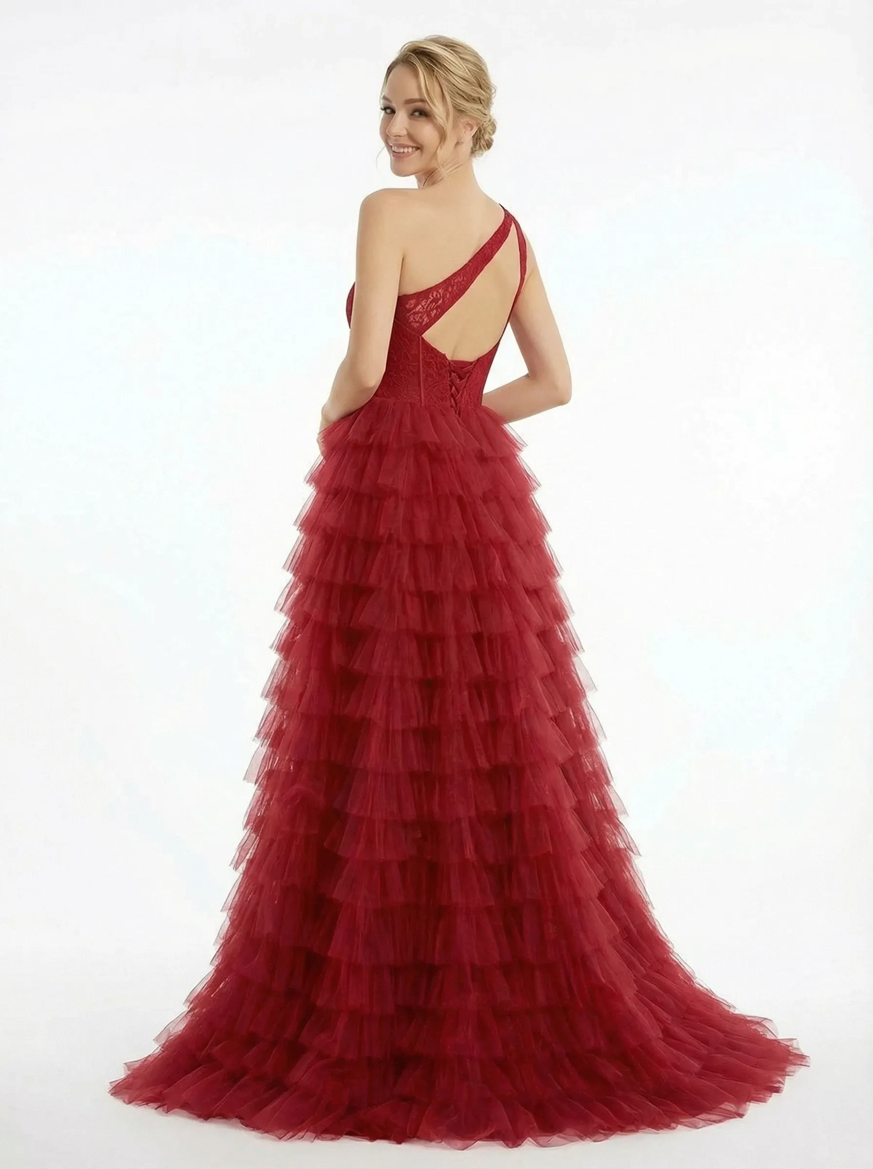 Modern One Shoulder Prom Dress Tiered Ruffle Tulle A-Line Floor Length Evening Gown sold by ChicSew product image thumbnail 3