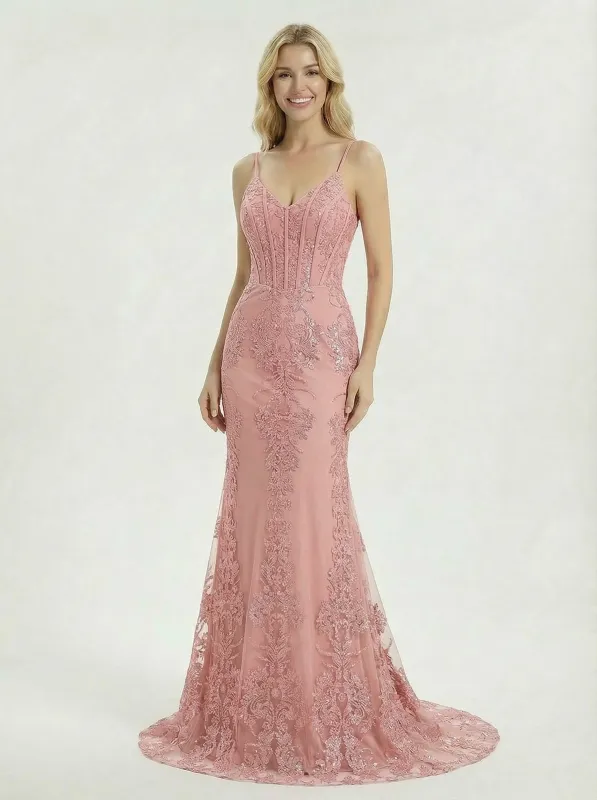Glamorous Spaghetti Strap Deep V-Neck Lace Prom Dress In Mermaid Silhouette sold by ChicSew