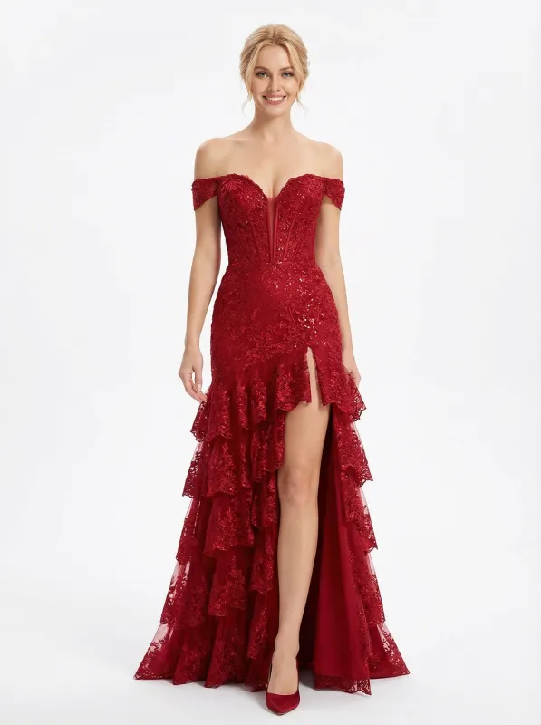 Sexy Off The Shoulder Prom Dress High Slit Tiered Lace Ruffle Floor Length Evening Gown sold by ChicSew