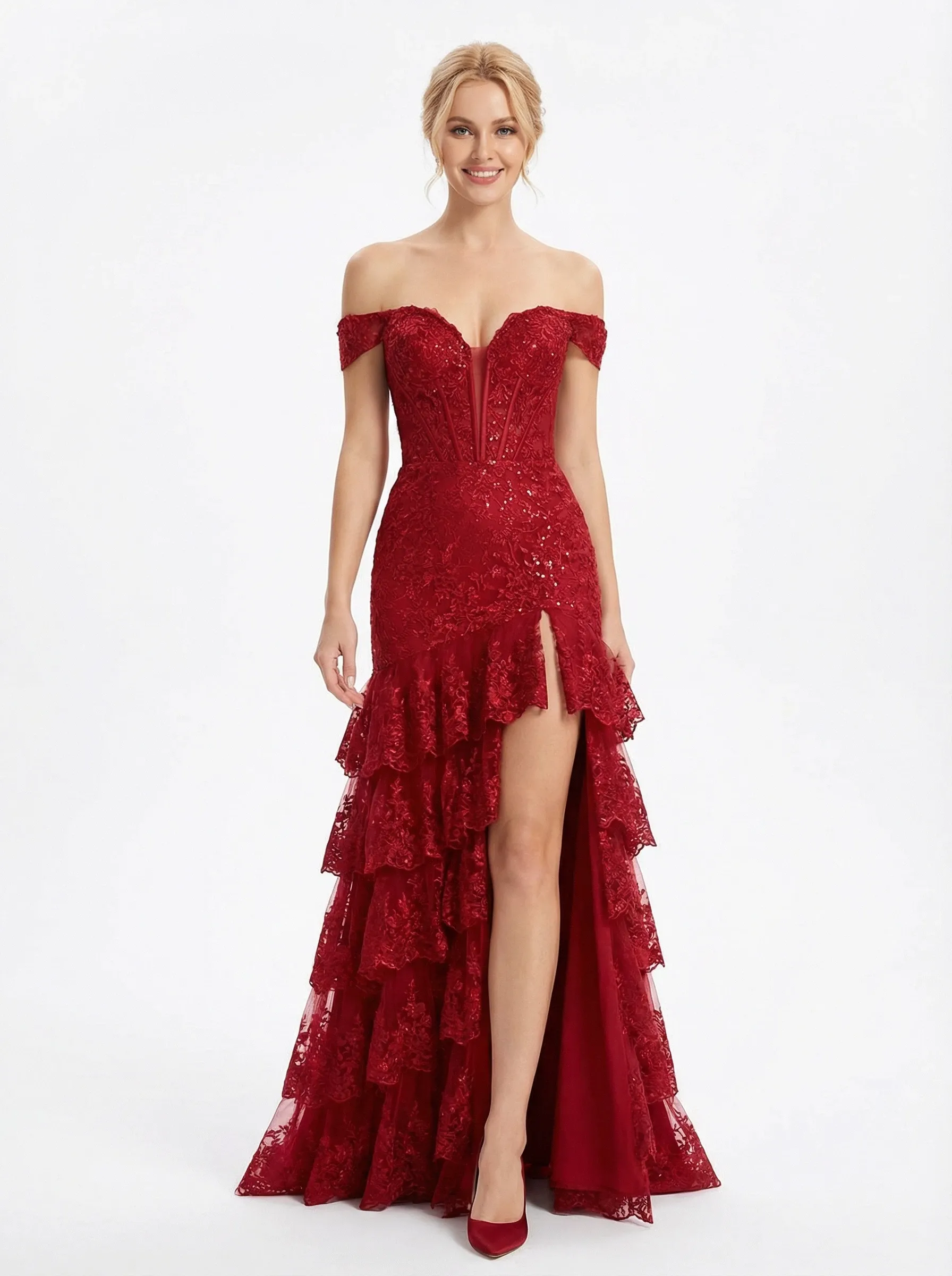 Sexy Off The Shoulder Prom Dress High Slit Tiered Lace Ruffle Floor Length Evening Gown sold by ChicSew