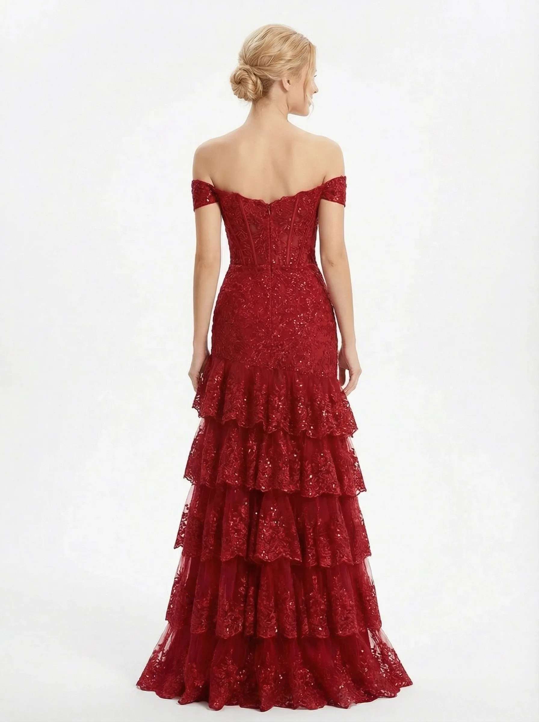 Sexy Off The Shoulder Prom Dress High Slit Tiered Lace Ruffle Floor Length Evening Gown sold by ChicSew product image thumbnail 2