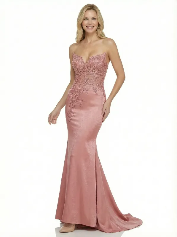 Sexy Strapless Sweetheart Prom Gown Mermaid Long Satin Dress With Lace Applique sold by ChicSew