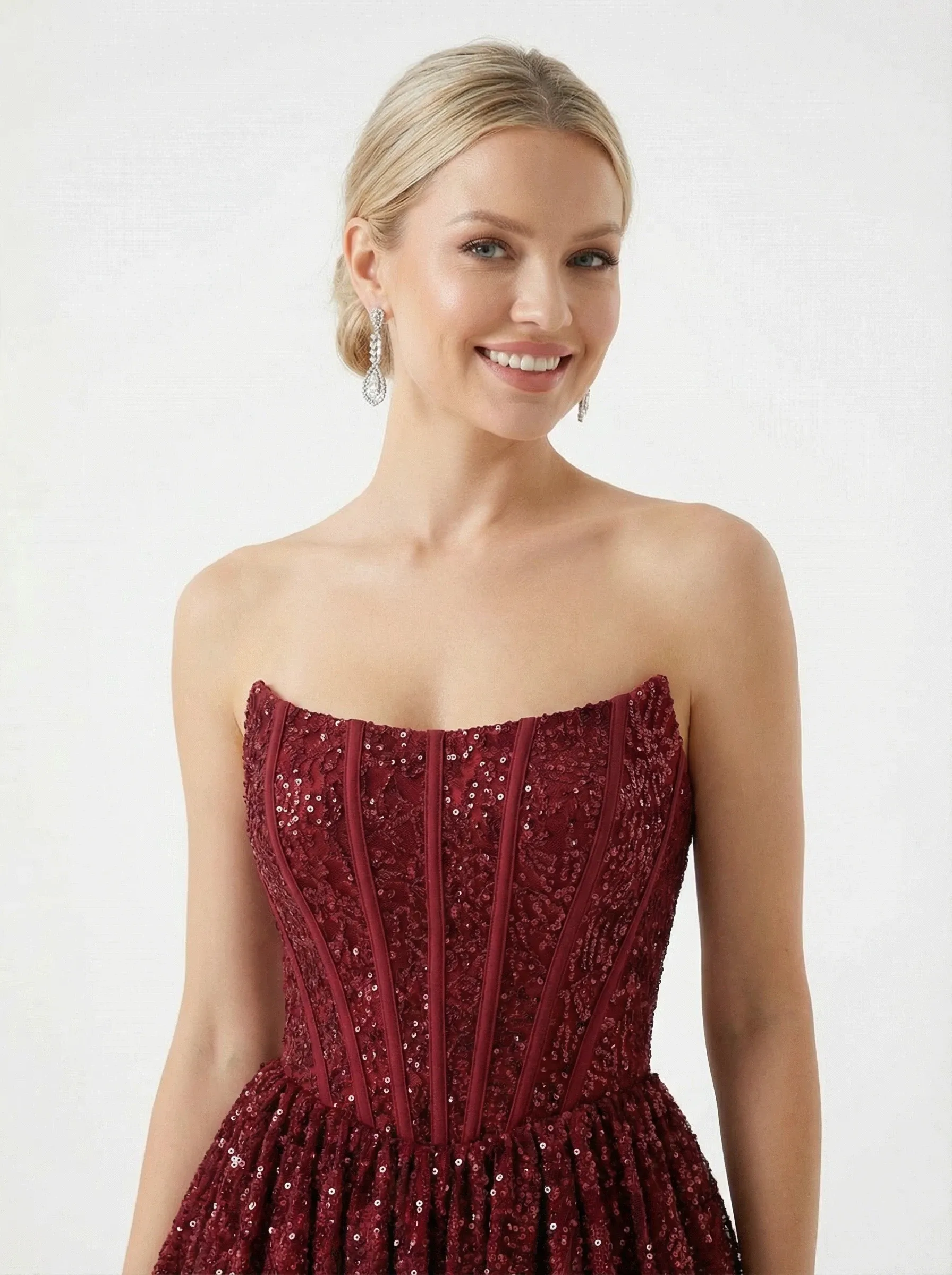 Unique Strapless Prom Dress Sequin Tiered Ruffle High Slit Floor Length Formal Party Gown sold by ChicSew product image thumbnail 2