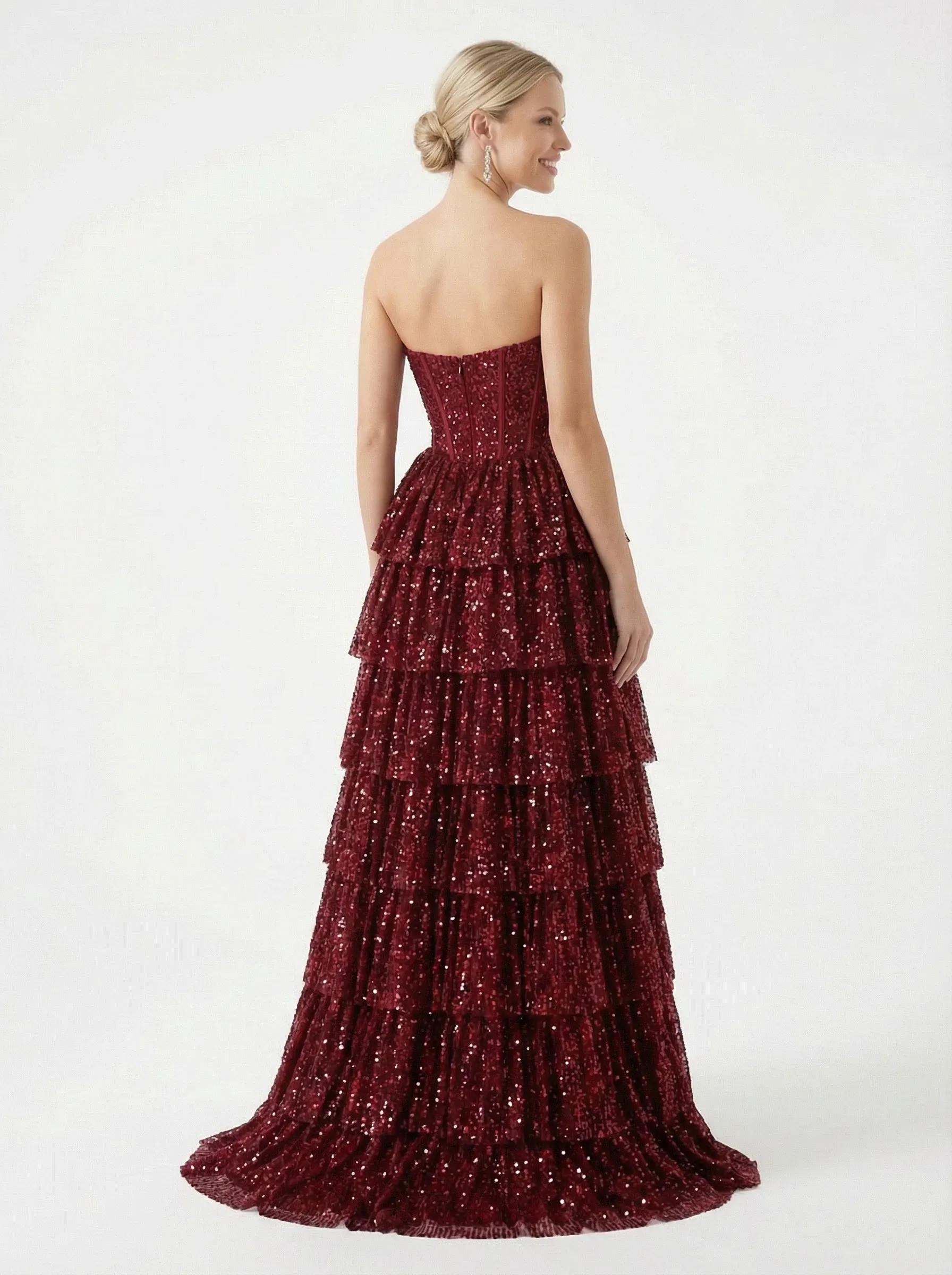 Unique Strapless Prom Dress Sequin Tiered Ruffle High Slit Floor Length Formal Party Gown sold by ChicSew product image thumbnail 3