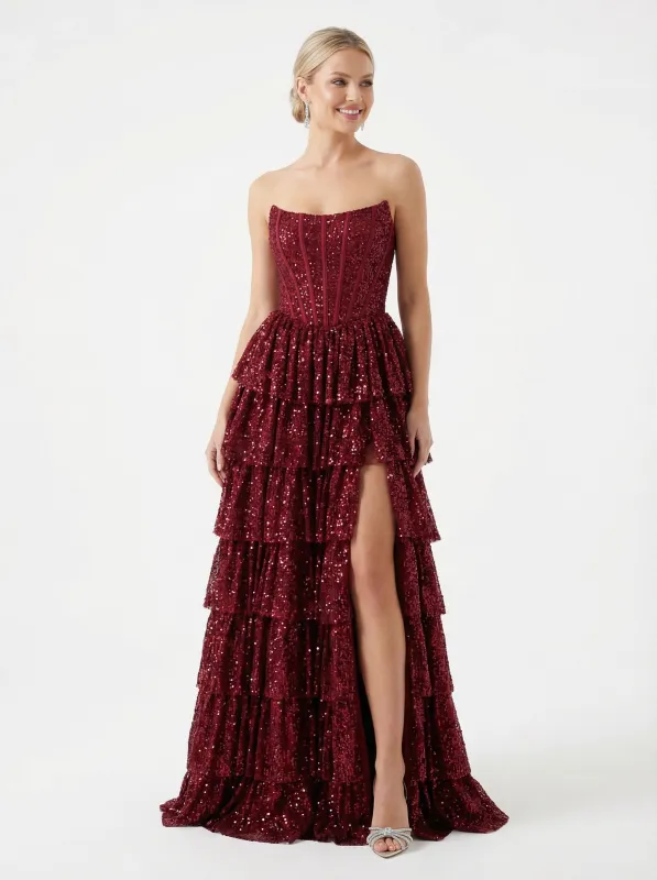 Unique Strapless Prom Dress Sequin Tiered Ruffle High Slit Floor Length Formal Party Gown sold by ChicSew