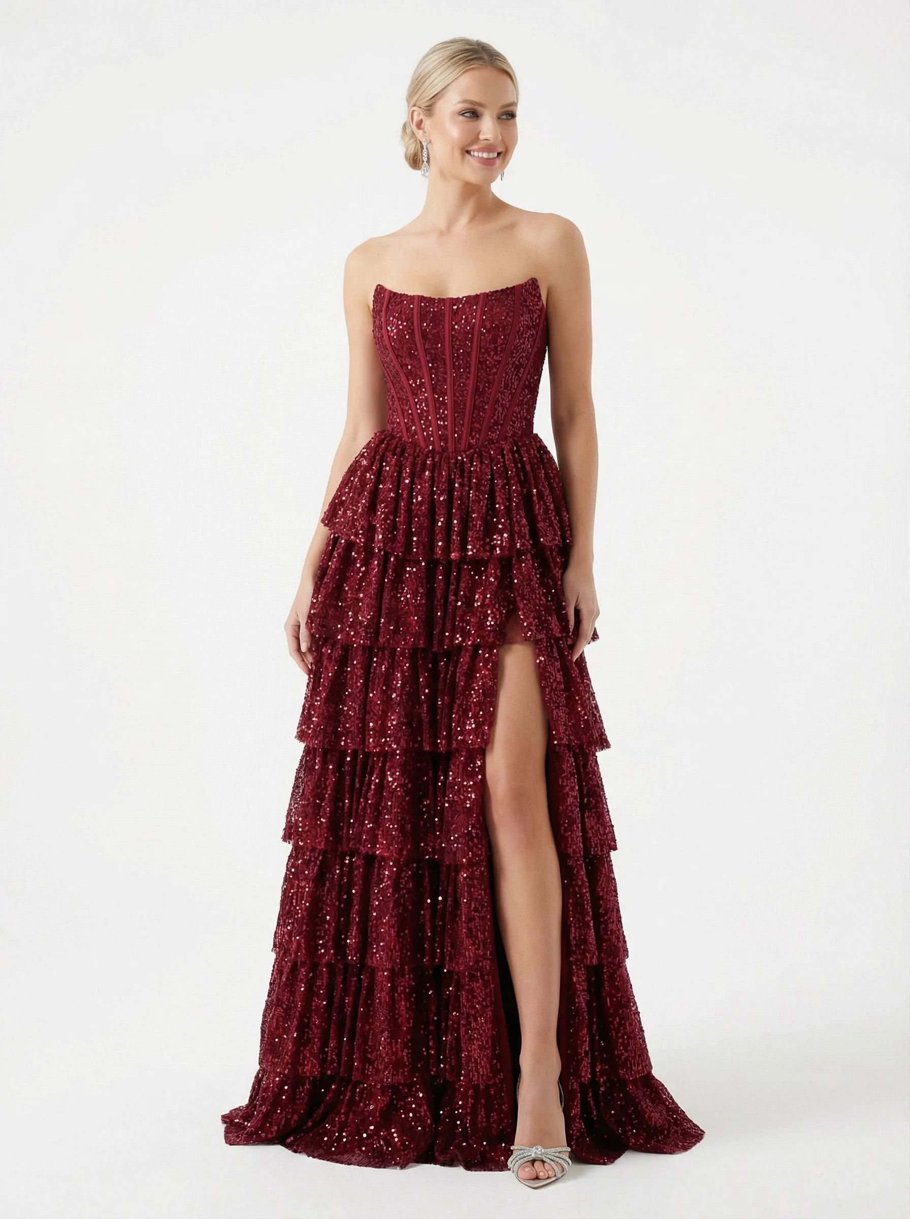 Unique Strapless Prom Dress Sequin Tiered Ruffle High Slit Floor Length Formal Party Gown sold by ChicSew