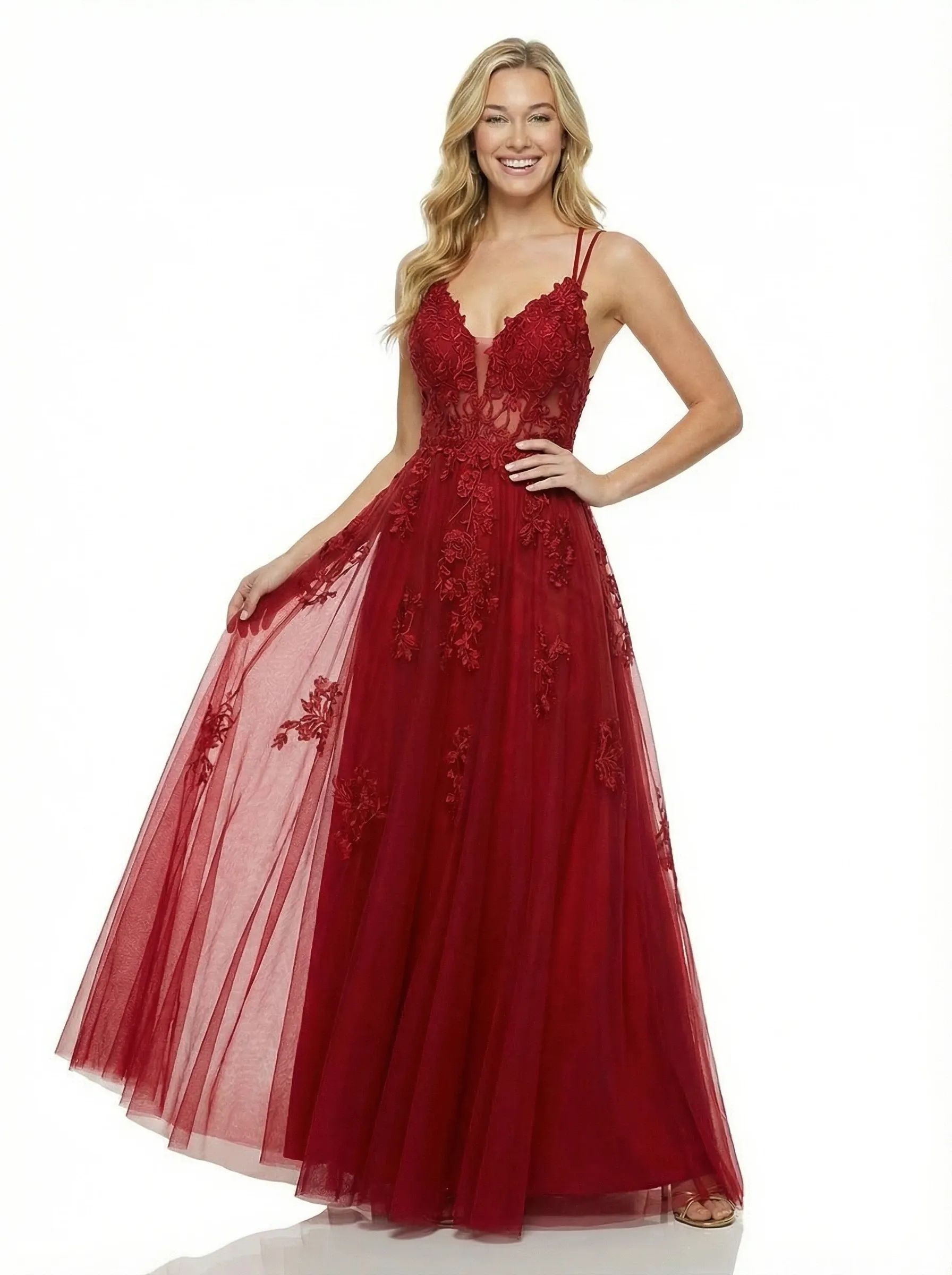 Beautiful V-Neck Prom Dress Sleeveless Lace Tulle A-Line Formal Party Gown sold by ChicSew