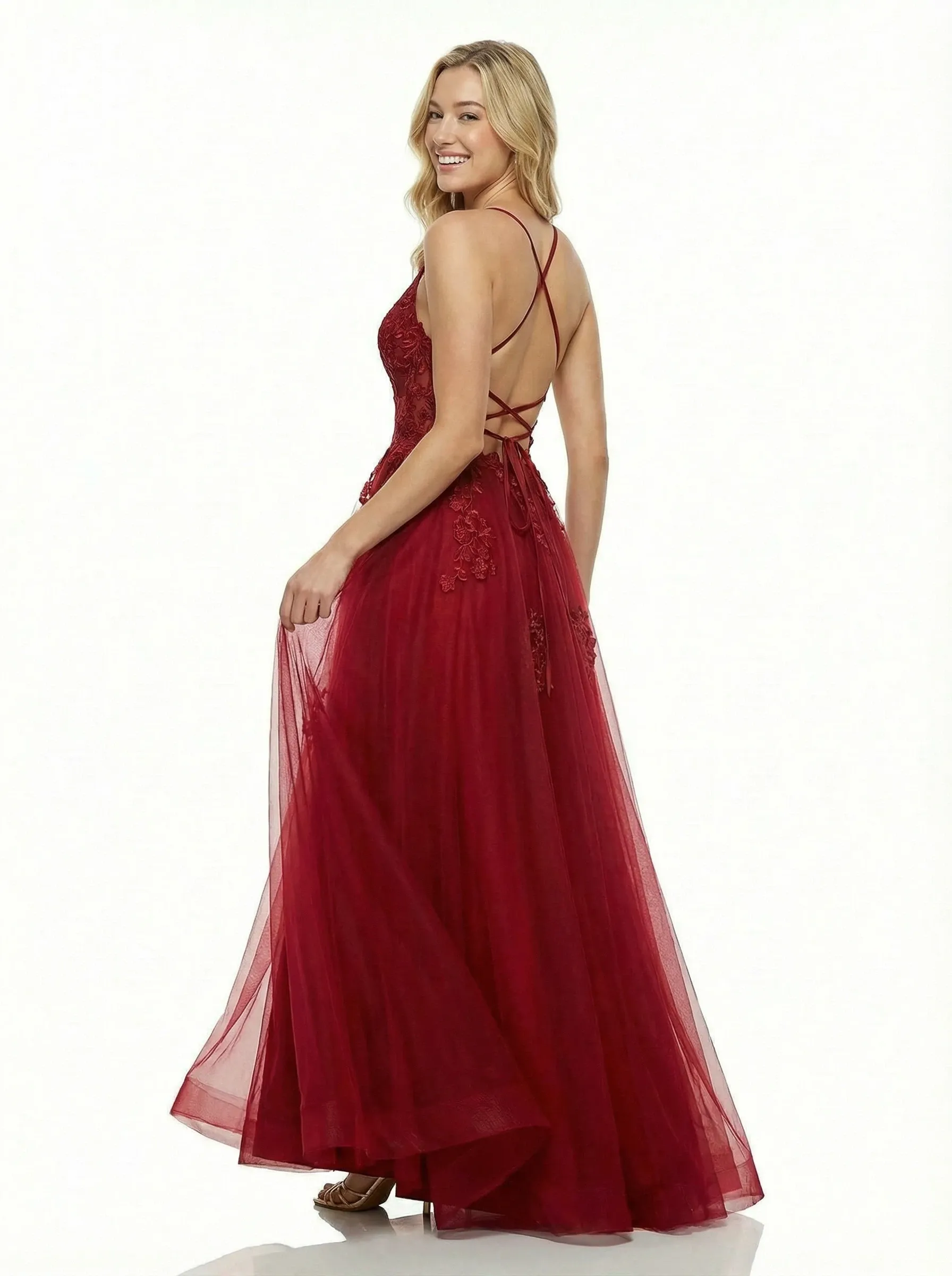 Beautiful V-Neck Prom Dress Sleeveless Lace Tulle A-Line Formal Party Gown sold by ChicSew product image thumbnail 3