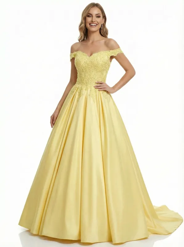 Sweet Off The Shoulder Lace Beaded A-line Floor Length Long Evening Ball Gown Prom Dresses sold by ChicSew