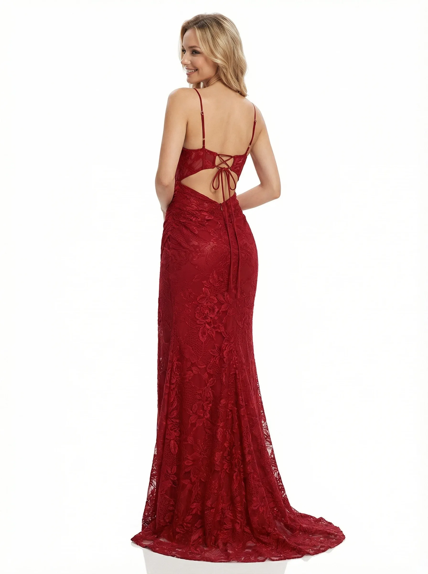 Sexy Spaghetti Strap Lace Prom Dress Ruched High Slit Mermaid Style Formal Evening Gown sold by ChicSew product image thumbnail 3