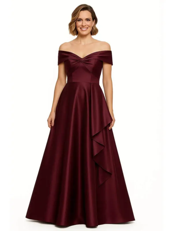 Elegant A-Line Off The Shoulder Satin Floor Length Evening Gown With Ruffle sold by ChicSew