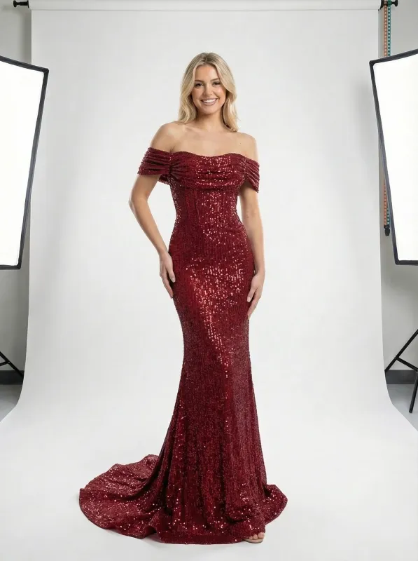 Sparkly Off Shoulder Mermaid Sequined Long Evening Prom Dresses sold by ChicSew