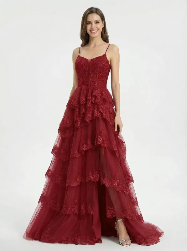 Modern Spaghetti Strap Prom Dress Tiered Lace Ruffle A-Line Tulle Long Formal Gown sold by ChicSew