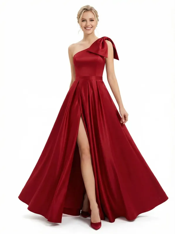 Simple One Shoulder A-line Satin Long Evening Prom Dresses with Side Slit sold by ChicSew