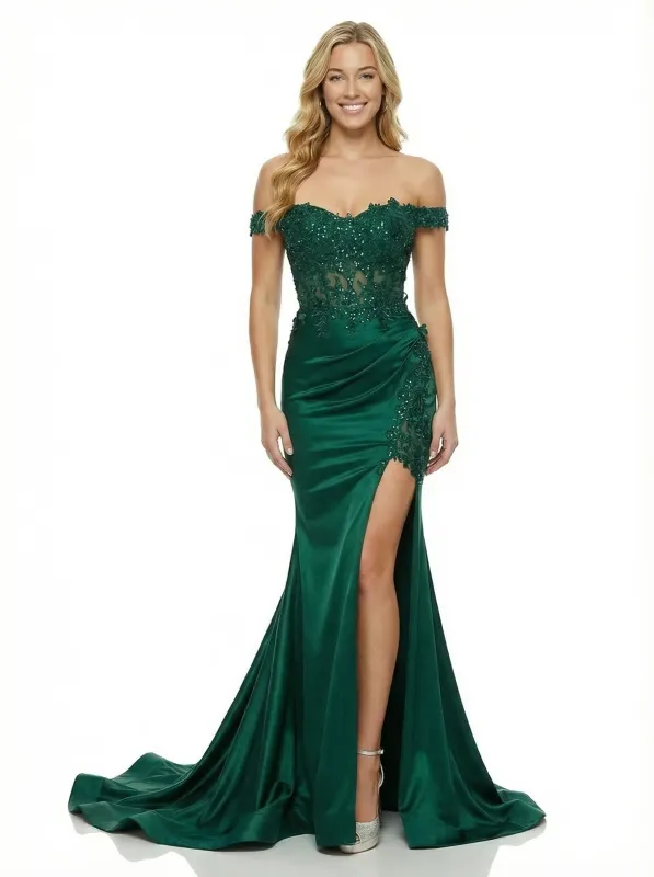 Classy Off The Shoulder Prom Dress High Slit Satin Mermaid Formal Party Gown sold by ChicSew