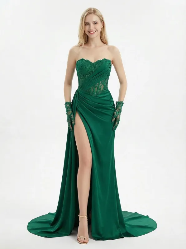 Sexy Strapless Prom Dress High Slit Ruched Satin Mermaid Formal Gown sold by ChicSew