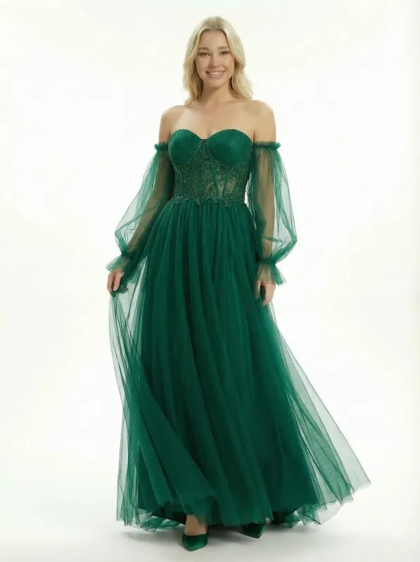 Elegant Lace Up Back Tulle A-line Corset Prom Gowns with Sheer Sleeves sold by ChicSew