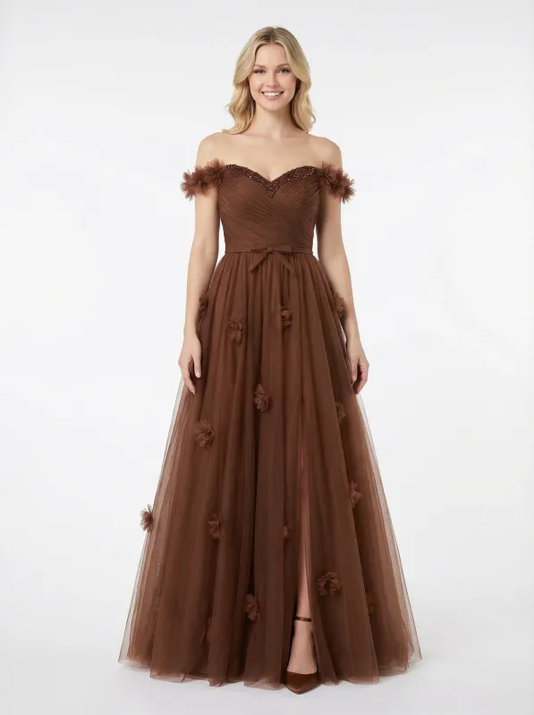 Modern Off The Shoulder A-Line Beaded Tulle Formal Evening Prom Dresses sold by ChicSew