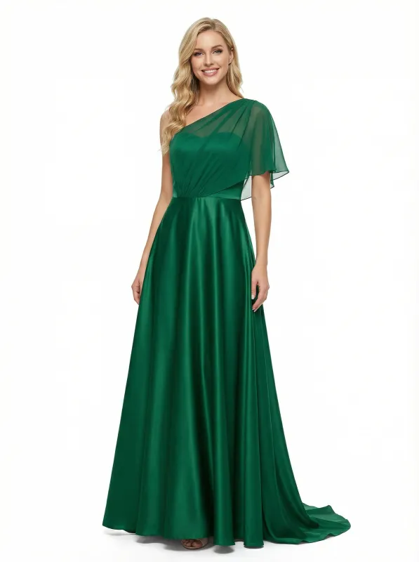 ChicSew Modern One Shoulder Chiffon Overlay A-Line Satin Evening Prom Gowns sold by ChicSew