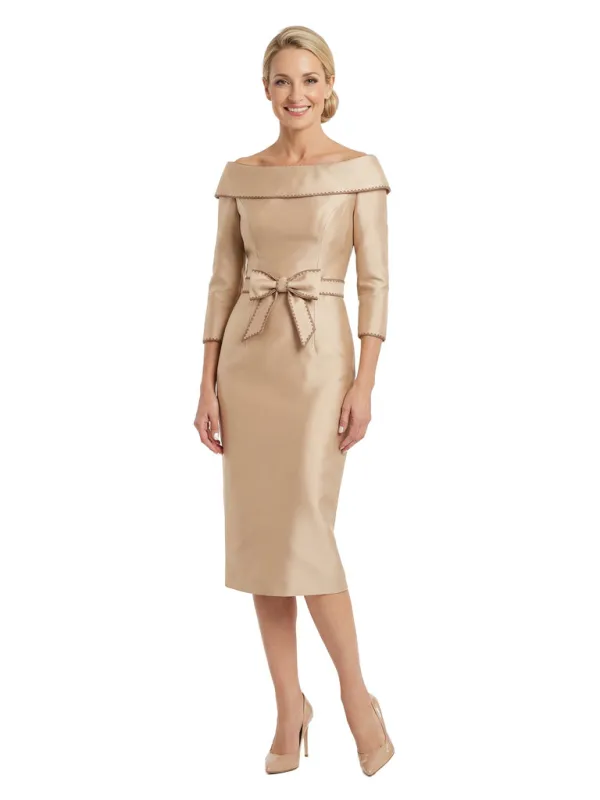 Modern Boat Neck Long Sleeve Midi Mother of the Bride Dress Wth Bow Waist made by ChicSew
