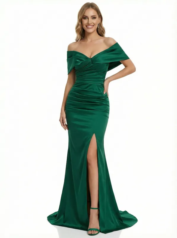 ChicSew Sexy Off the Shoulder Floor Length Ruched Mermaid Prom Gown Slit sold by ChicSew