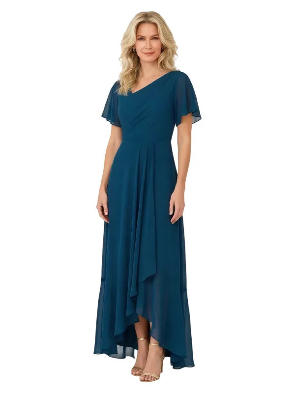 Beautiful Asymmetrical Neckline Flutter Sleeve Chiffon Mother of the Bride Floor-Length Dress sold by ChicSew