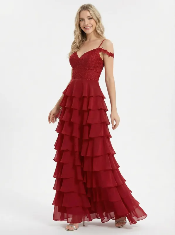Elegant Ruffle Chiffon Cold Shoulder Lace Formal Evening Prom Dress sold by ChicSew