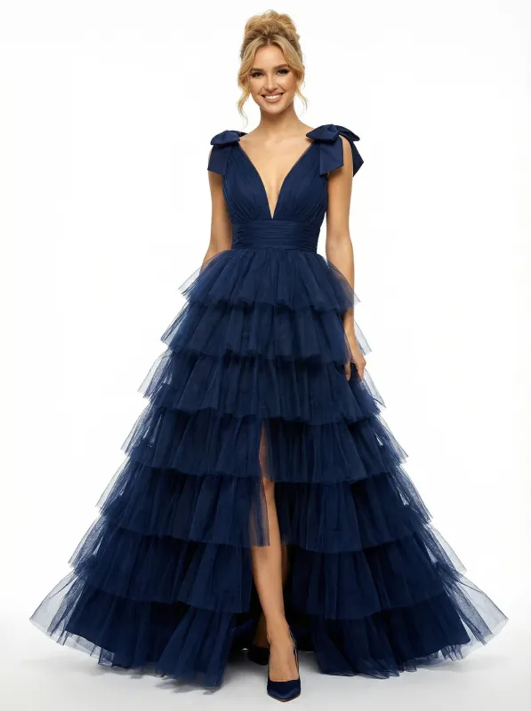 Sexy Deep V-Neck Tiered Ruffle Tulle Prom Dress Bow-Tie Straps High Slit Ball Gown sold by ChicSew
