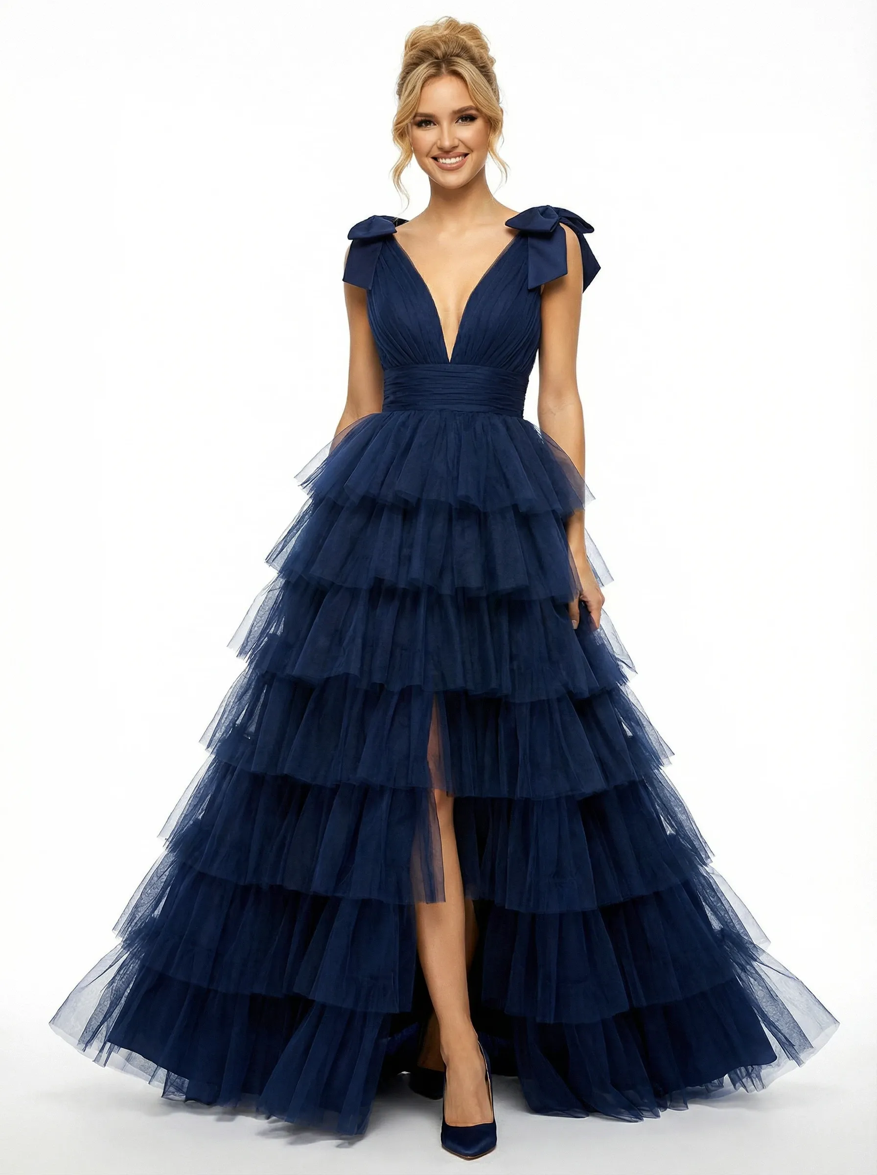 Sexy Deep V-Neck Tiered Ruffle Tulle Prom Dress Bow-Tie Straps High Slit Ball Gown sold by ChicSew