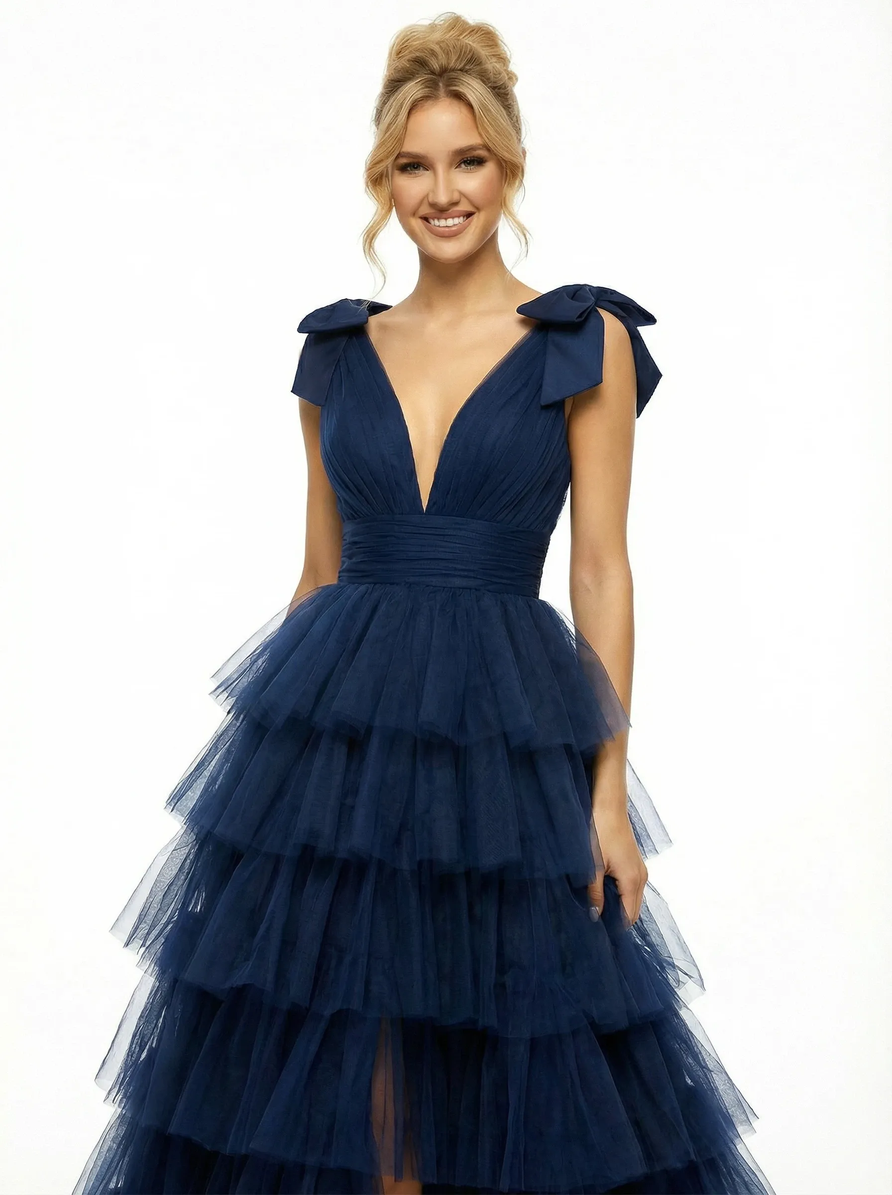 Sexy Deep V-Neck Tiered Ruffle Tulle Prom Dress Bow-Tie Straps High Slit Ball Gown sold by ChicSew product image thumbnail 3