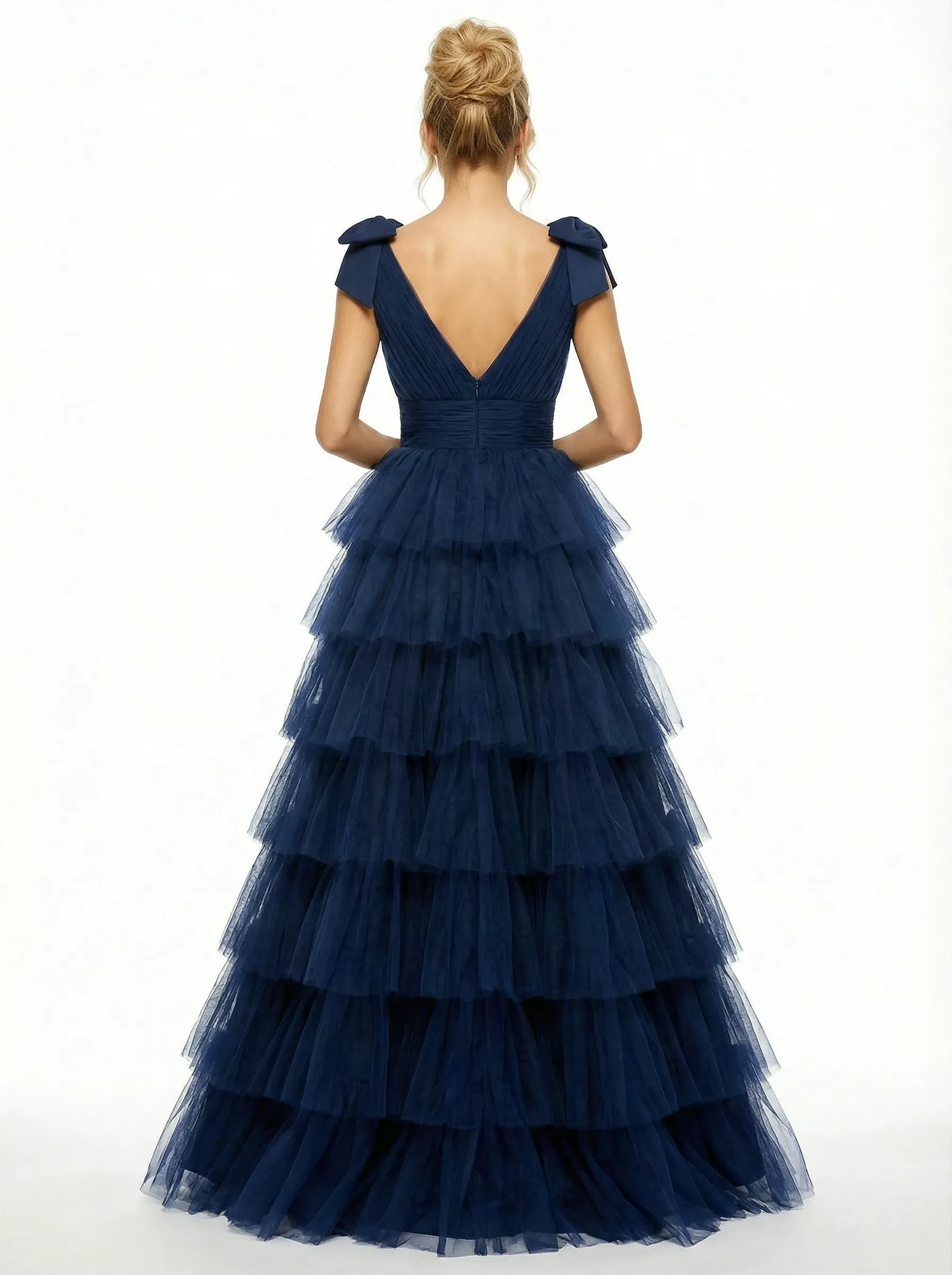 Sexy Deep V-Neck Tiered Ruffle Tulle Prom Dress Bow-Tie Straps High Slit Ball Gown sold by ChicSew product image thumbnail 2