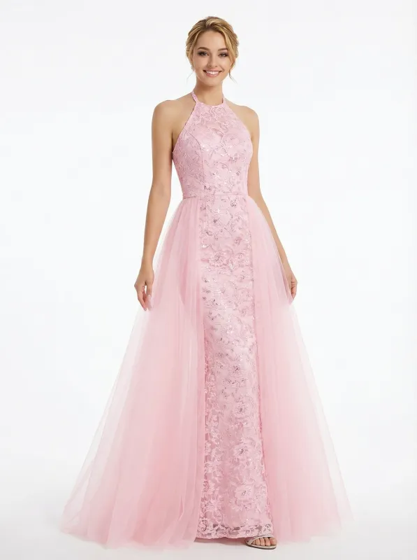 Elegant Halter Neck Lace Prom Dress Sleeveless Tulle Floor Length Evening Gown OverSkirt sold by ChicSew