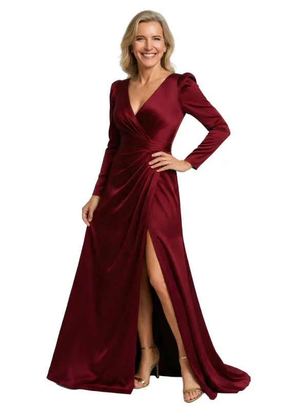 Sexy V-Neck Long Sleeve Mother of the Groom Dress Satin A-Line Gown with High Slit sold by ChicSew