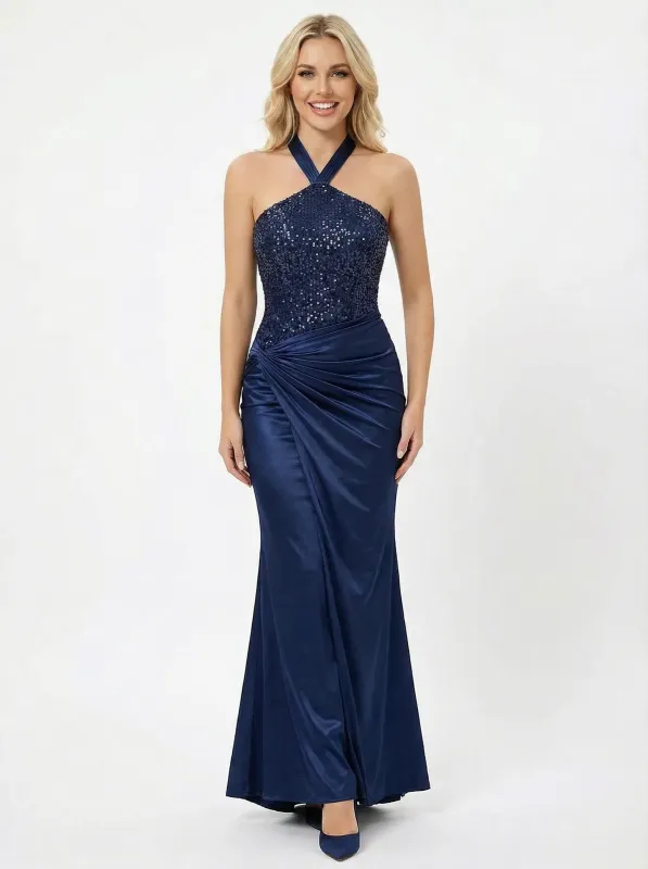 Glamorous Halter Neck Top Sequin Prom Dress Ruched Satin Mermaid Gown sold by ChicSew