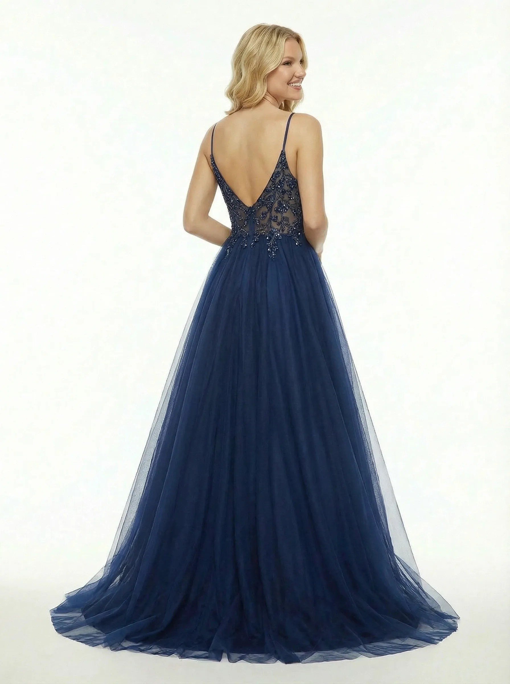 Cut Out V-Neck Beaded Tulle Prom Dress Sleeveless A-Line Gown with Sexy High Slit sold by ChicSew product image thumbnail 2