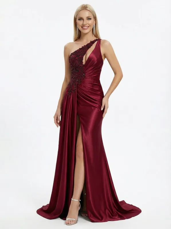 Unique One Shoulder Satin Prom Dress Ruched High Slit Sleeveless Sexy Formal Party Gown sold by ChicSew