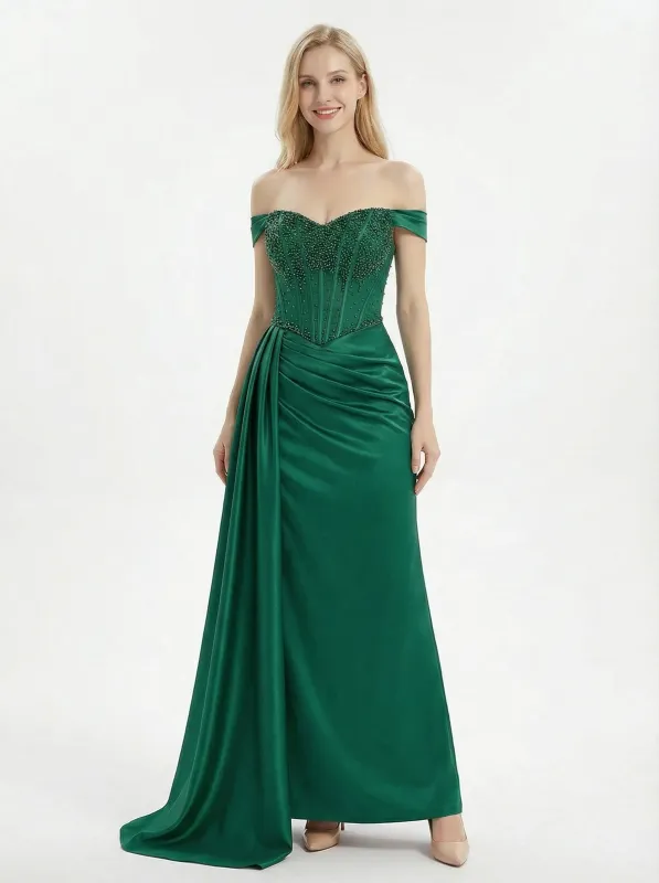 Sexy Off Shoulder Beaded Corset Prom Dress Ruched Satin Mermaid Gown with High Slit sold by ChicSew