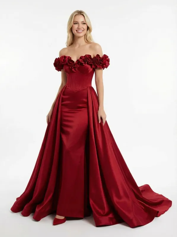 Fancy Flower Sweetheart Satin Formal Prom Off Shoulder Party Dress Overskirt sold by ChicSew