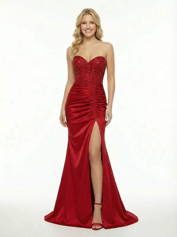 Sexy Strapless Beaded Corset Prom Dress Ruched Satin Mermaid Gown with High Slit sold by ChicSew