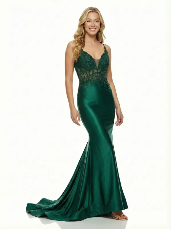 Sexy V-Neck Satin Mermaid Prom Dress Spaghetti Strap Lace Bodice Backless Formal Gown sold by ChicSew