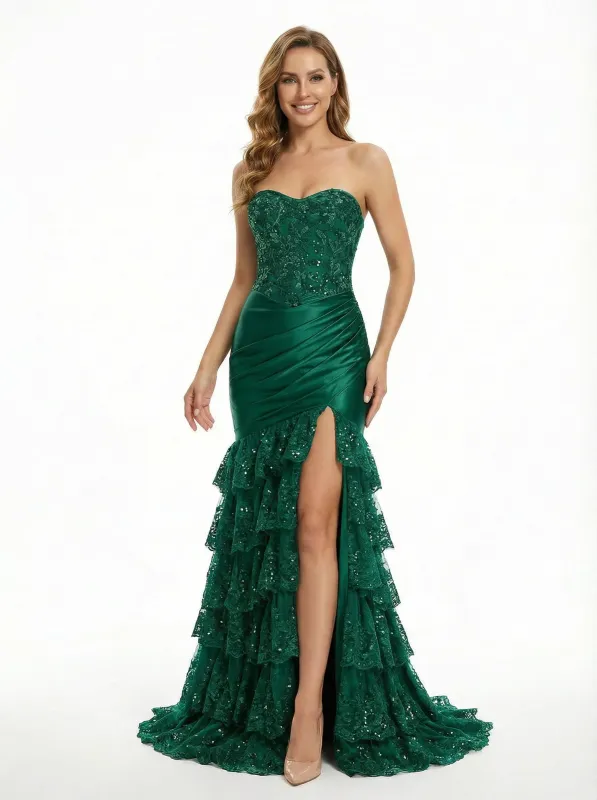 ChicSew Strapless Sweetheart Ruffle Satin Applique Mermaid Formal Prom Dress Side Slit sold by ChicSew