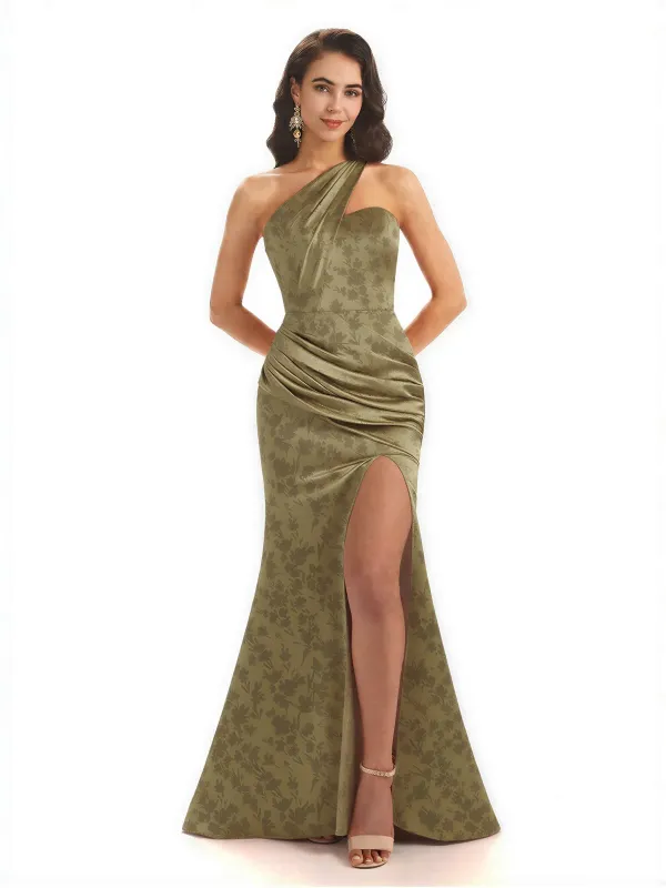 Sexy One Shoulder Side Slit Mermaid Satin Floral Formal Dresses For Women sold by ChicSew