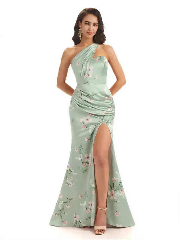 Sexy One Shoulder Side Slit Mermaid Satin Floral Formal Dresses For Women sold by ChicSew