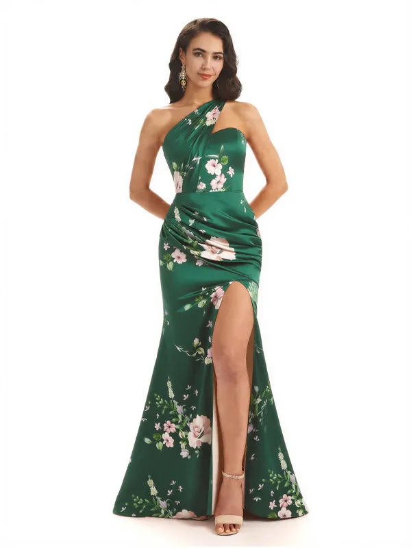 Sexy One Shoulder Side Slit Mermaid Satin Floral Formal Dresses For Women sold by ChicSew