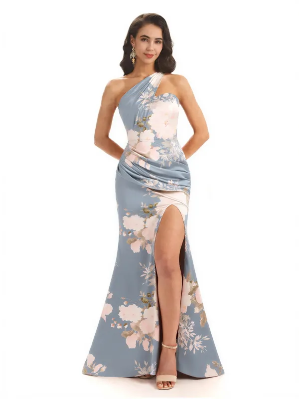 Sexy One Shoulder Side Slit Mermaid Satin Floral Formal Dresses For Women sold by ChicSew